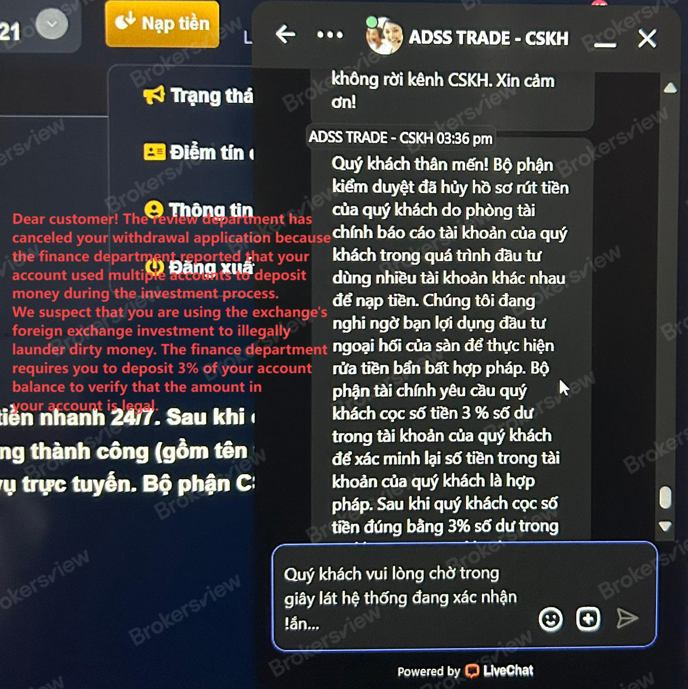 ADSS TRADE asked client to pay 3% account verification fee for AML