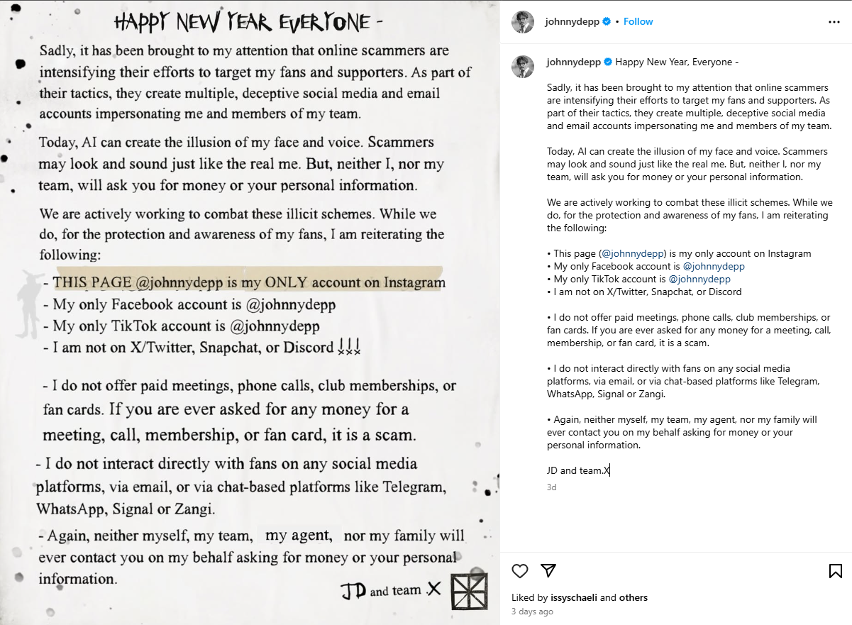 Instagram post by Johnny Depp