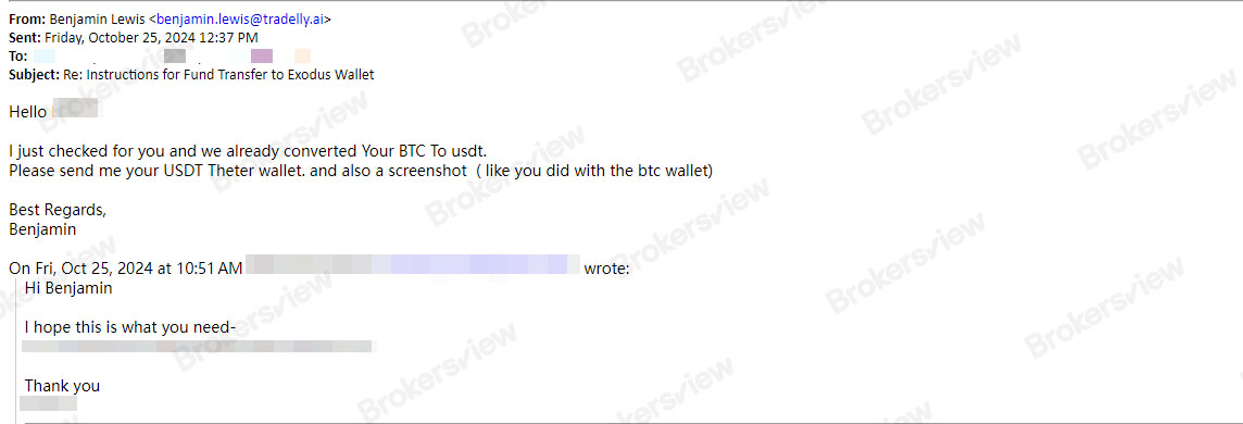 Korespondensi email antara klien dan Tradelly.Ai mengenai masalah penarikan