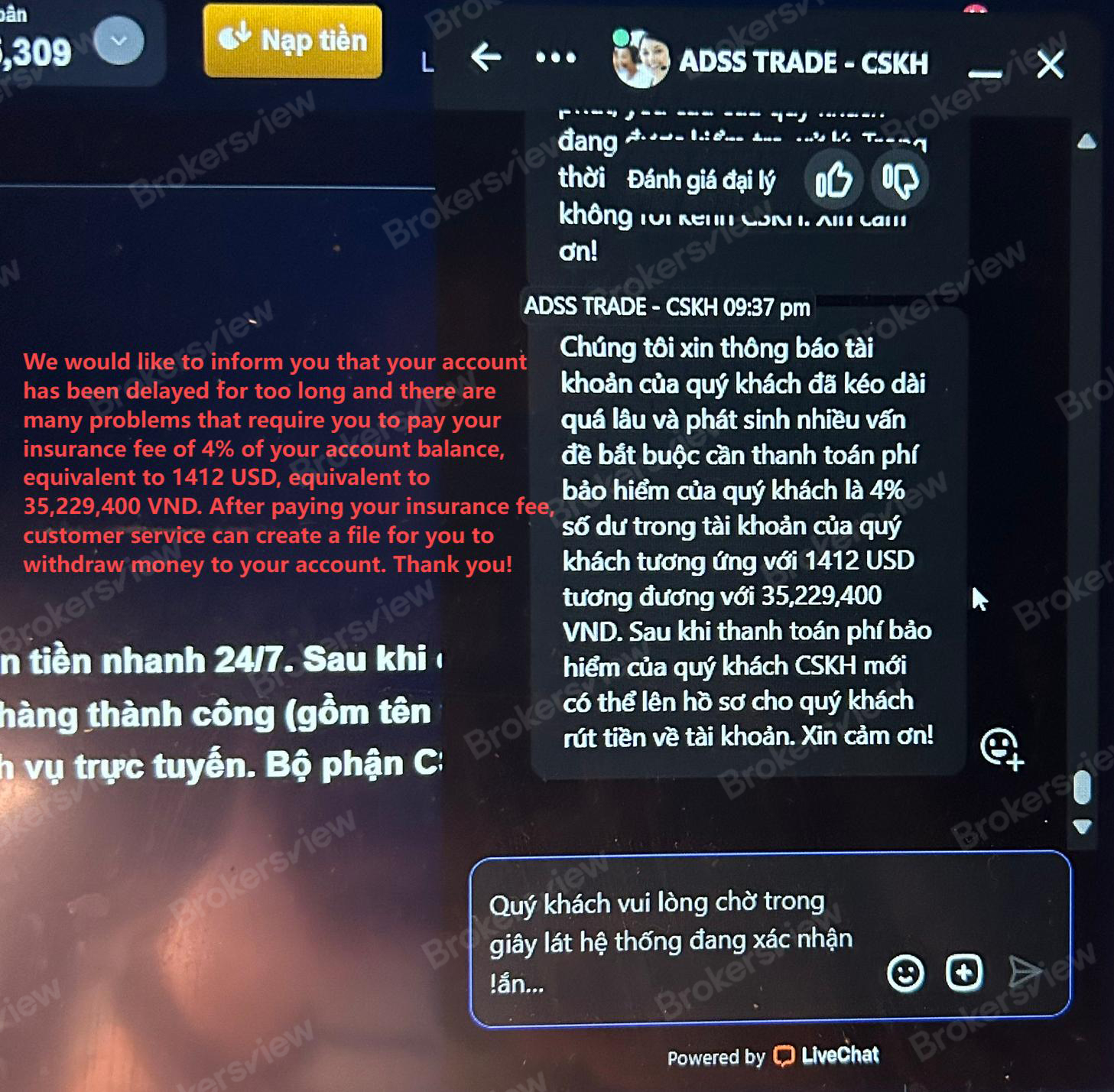 ADSS TRADE asked client to pay 4% insurance fee