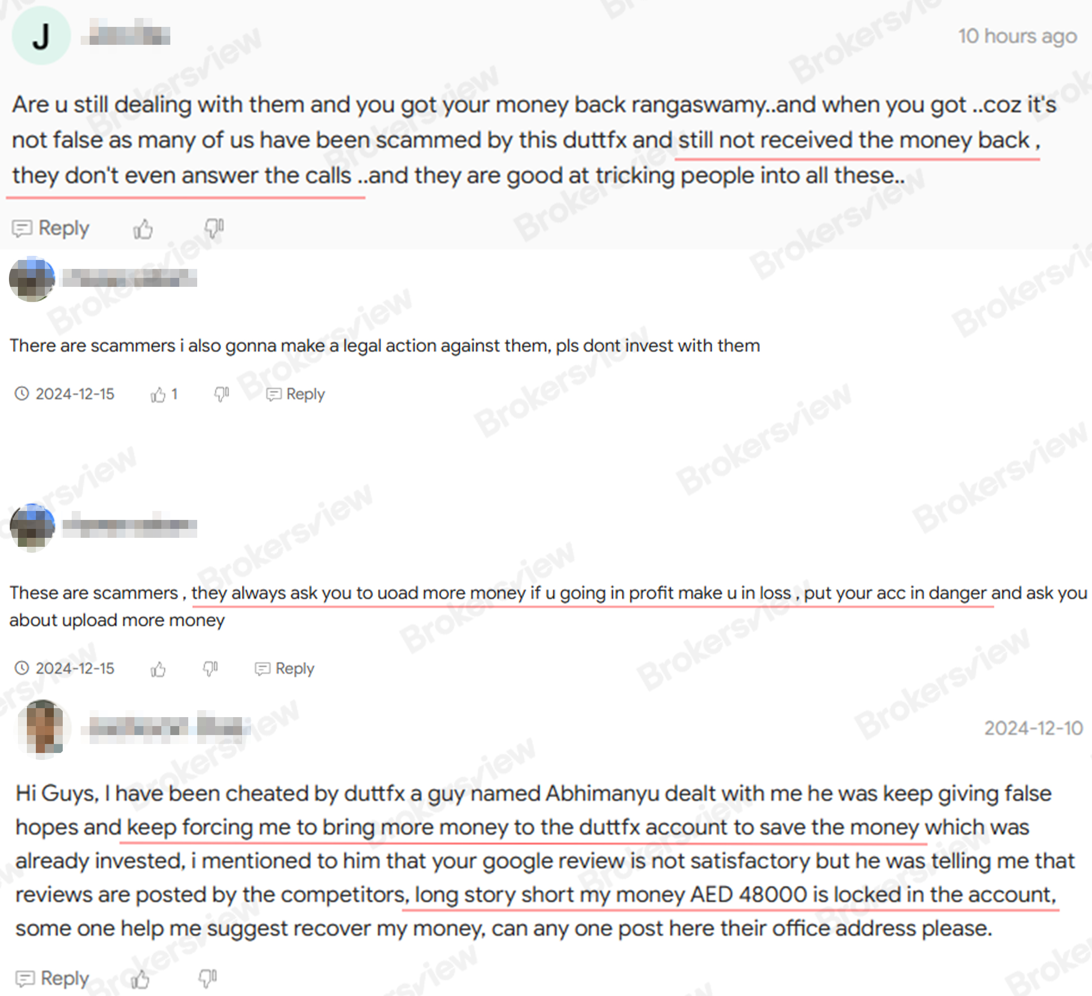 客户指控DUTTFX强迫投资、不退还资金且无回应