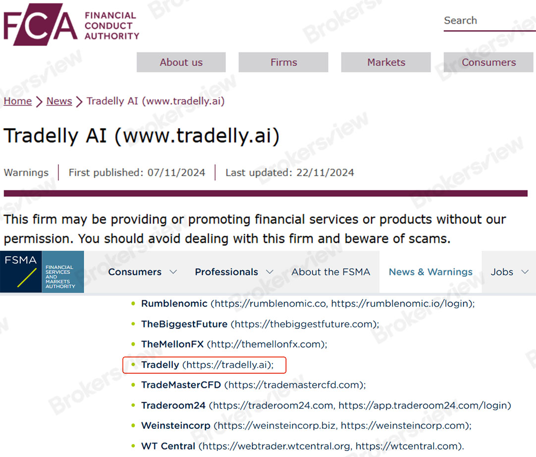 Tradelly.Ai juga telah diperingatkan oleh FCA dan FSMA