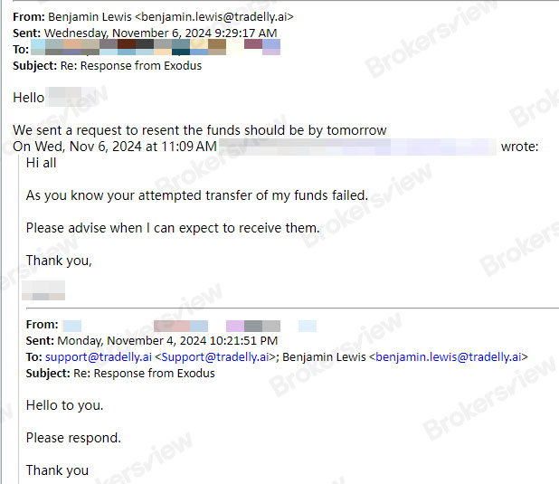 Korespondensi email antara klien dan Tradelly.Ai mengenai masalah penarikan