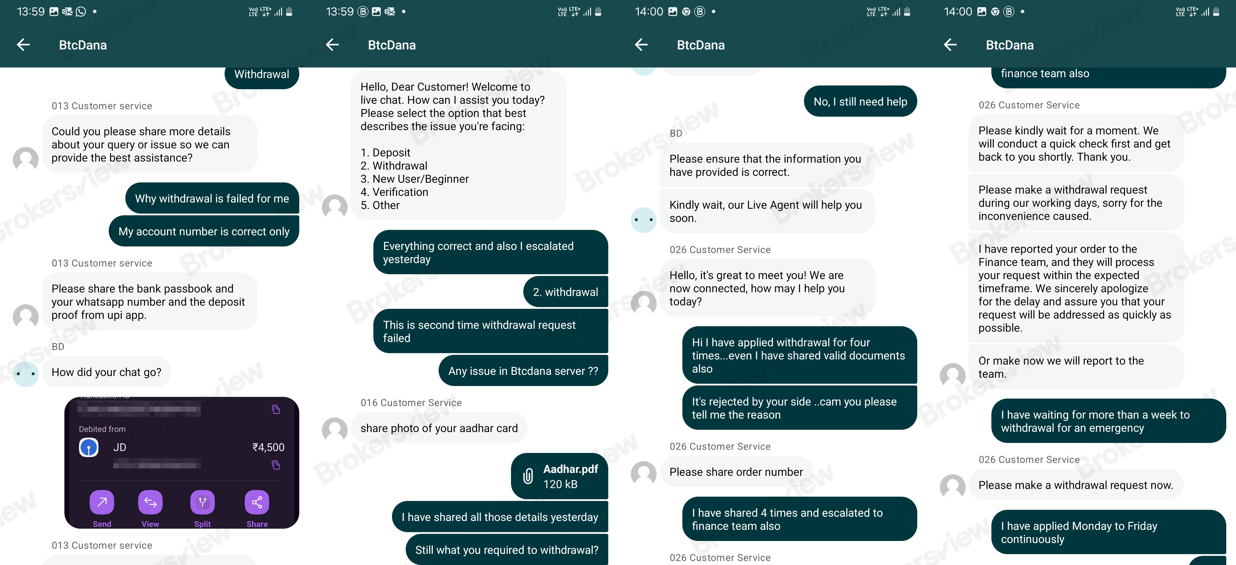 client inquires about failed withdrawals and Dana Global Limited's inefficient responses
