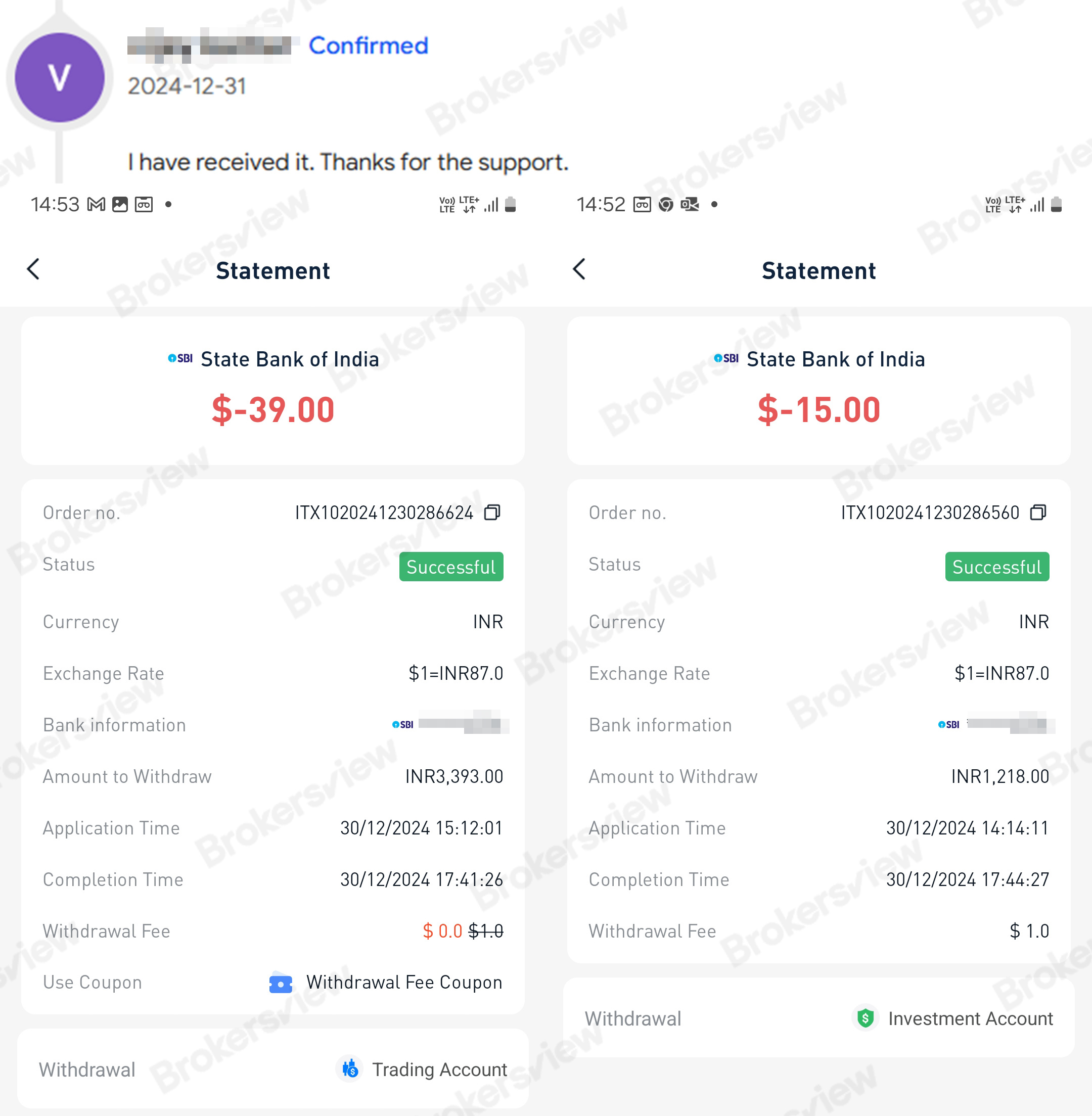 the client's thanks to BrokersView and successful fund withdrawal 