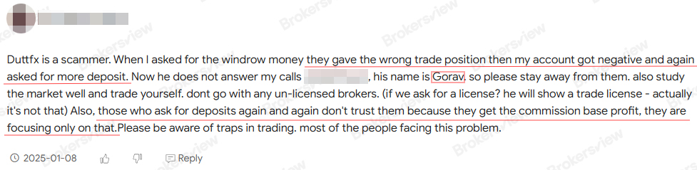 客户举报DUTTFX提供虚假培训和误导性交易建议