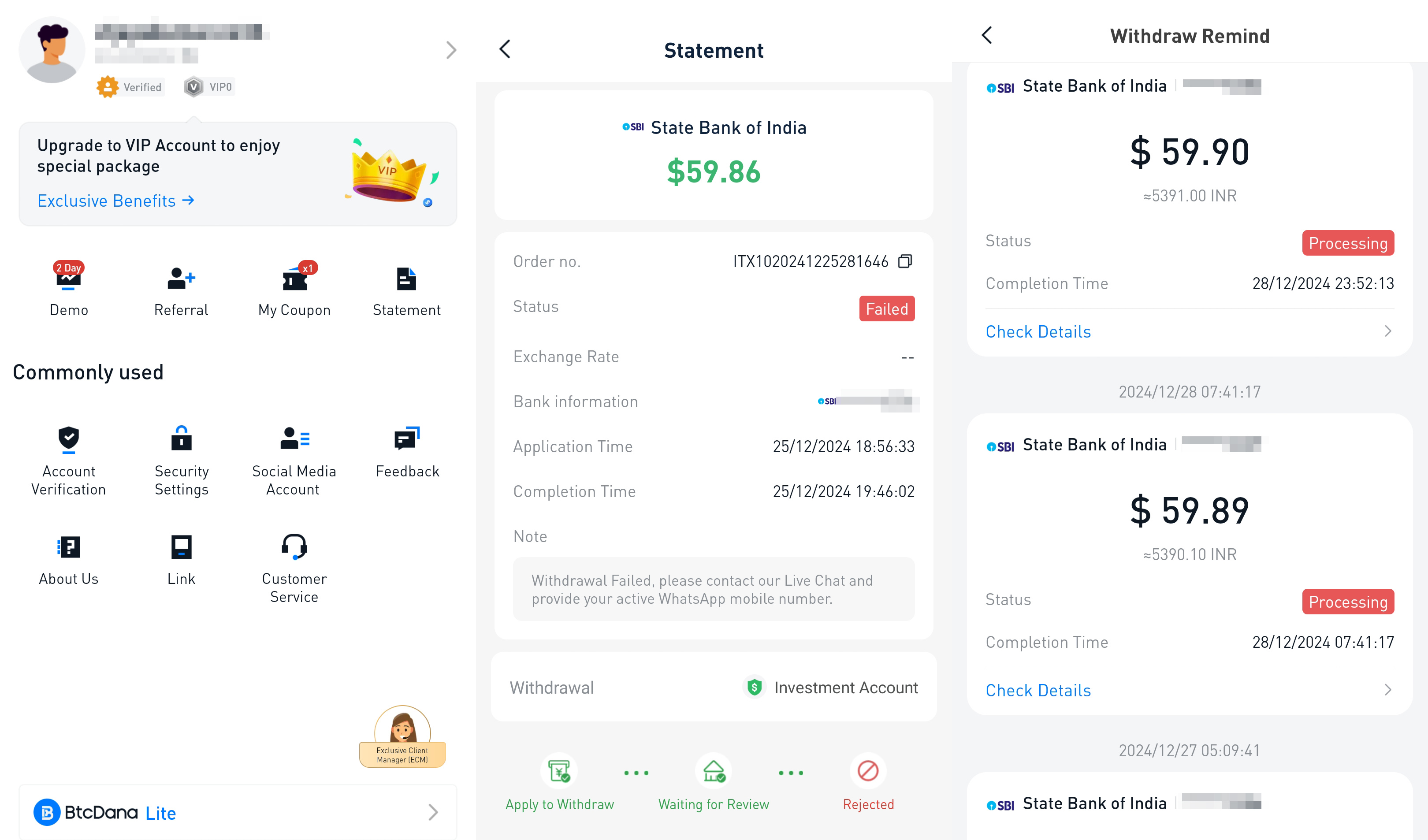 client account overview with Dana Global Limited and his rejected or pending withdrawals