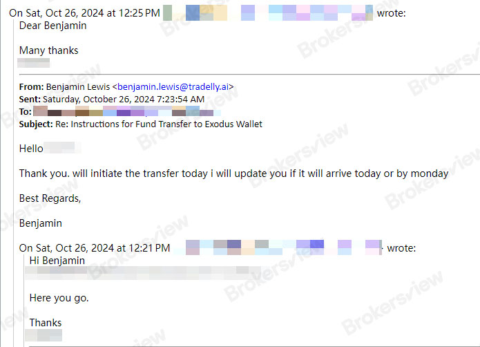 Korespondensi email antara klien dan Tradelly.Ai mengenai masalah penarikan