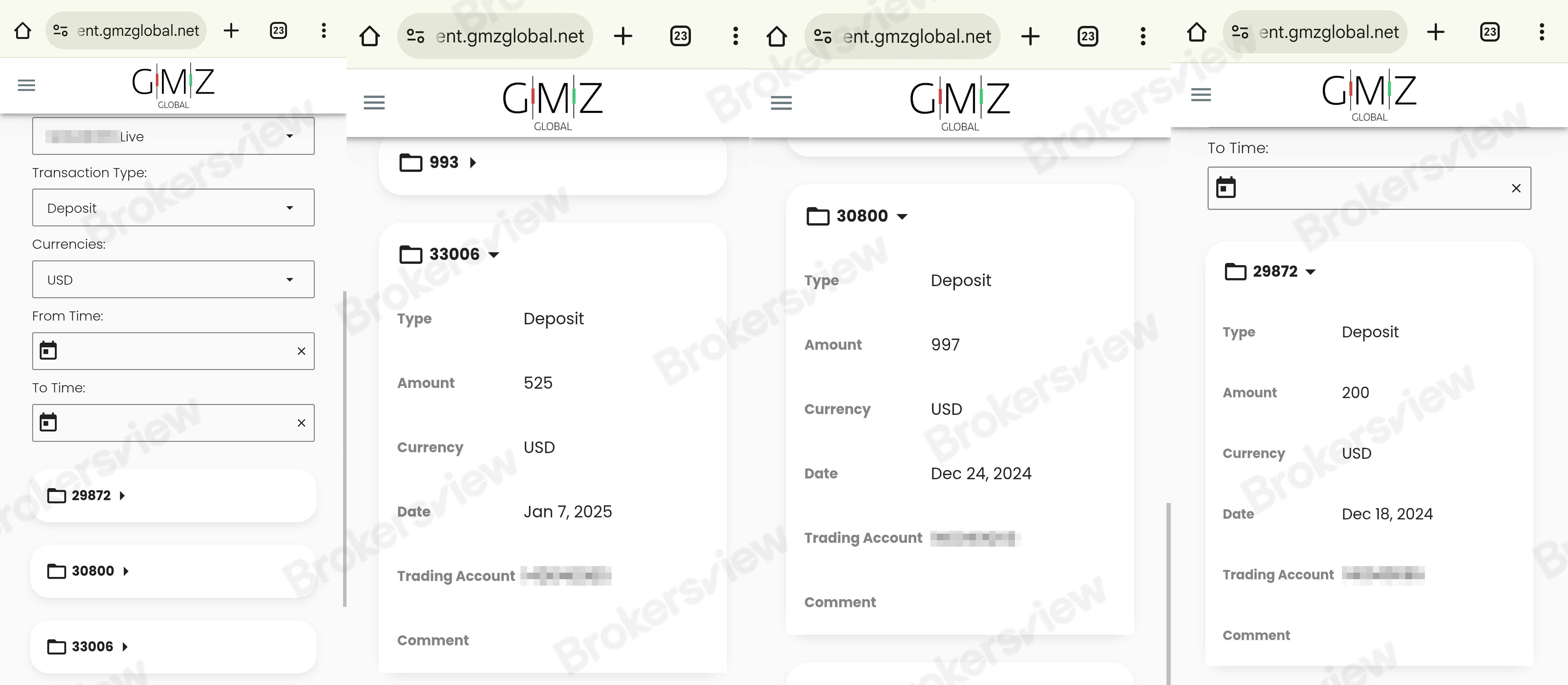 GMZ Global client's deposit screenshots