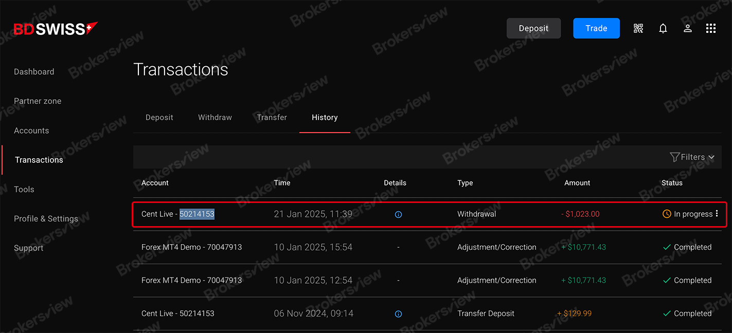 Riwayat transaksi yang diberikan oleh klien