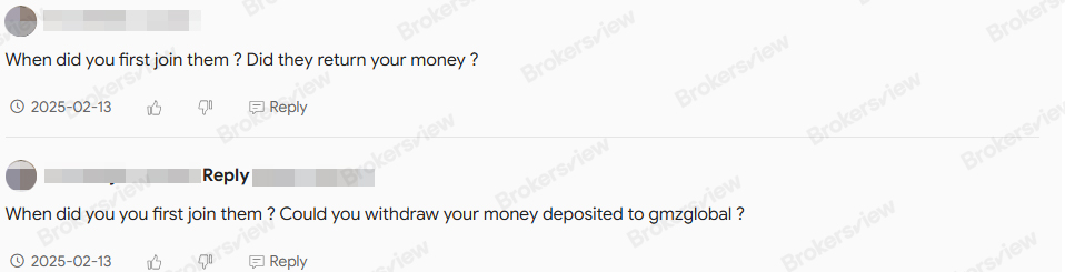 client reviews inquiring about withdrawals from GMZ Global