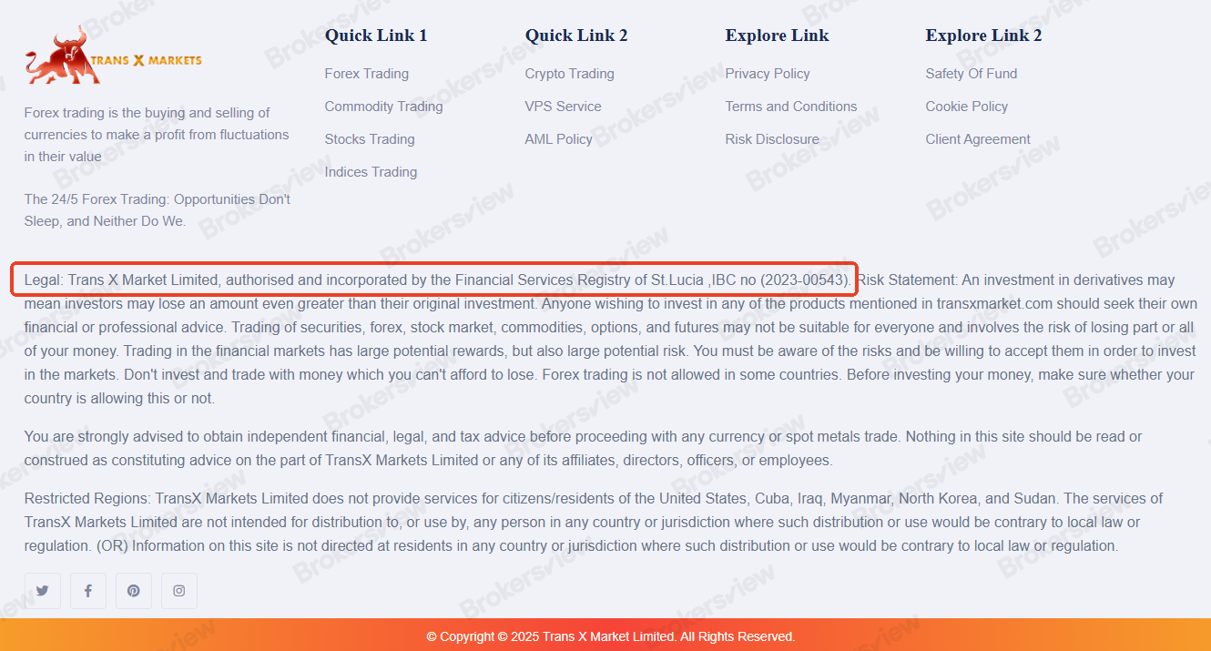 Trans X Markets claims to be registered in Saint Lucia
