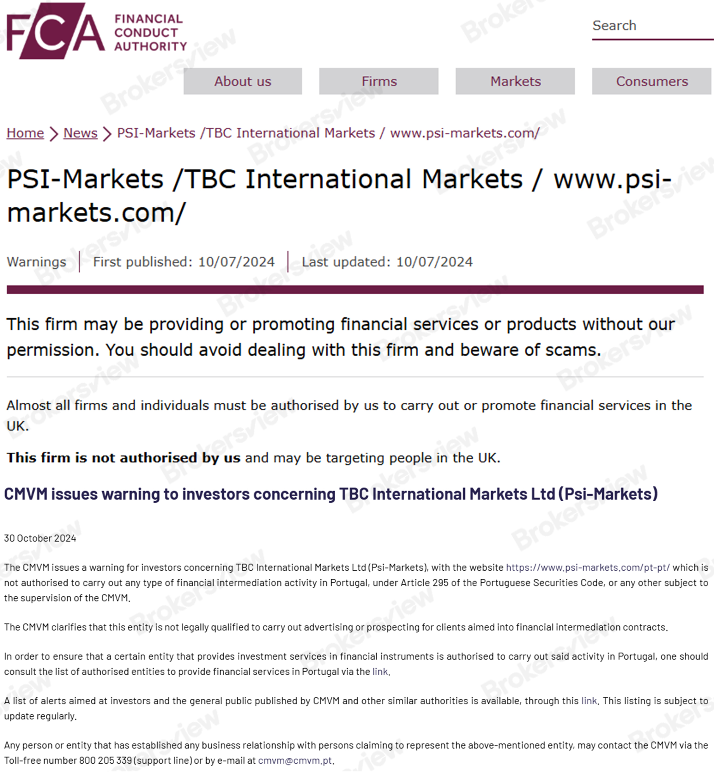 PSI Markets has been warned by the UK FCA and the CMVM 