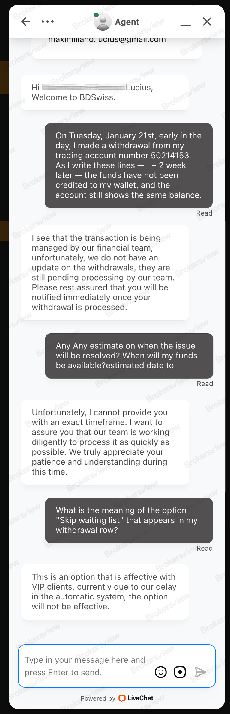 Catatan pesan antara klien dan BDSwiss