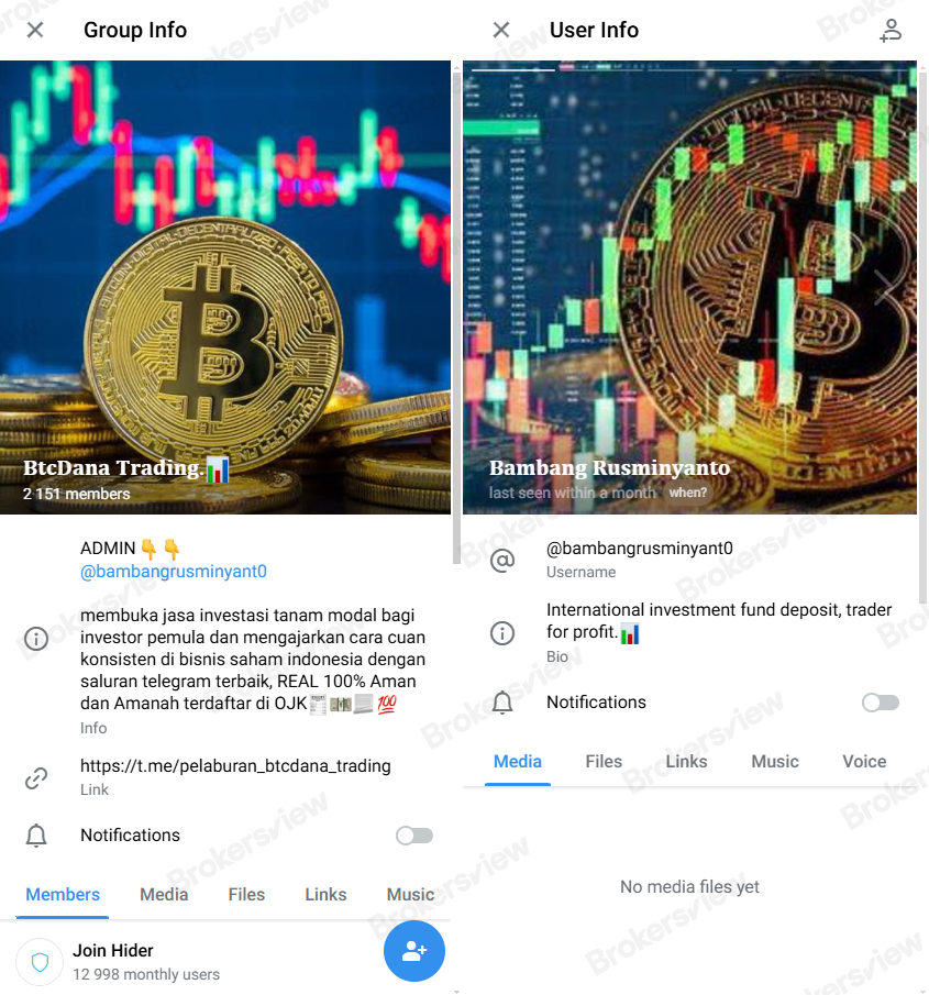 The profile of the group BtcDana Trading and its admin