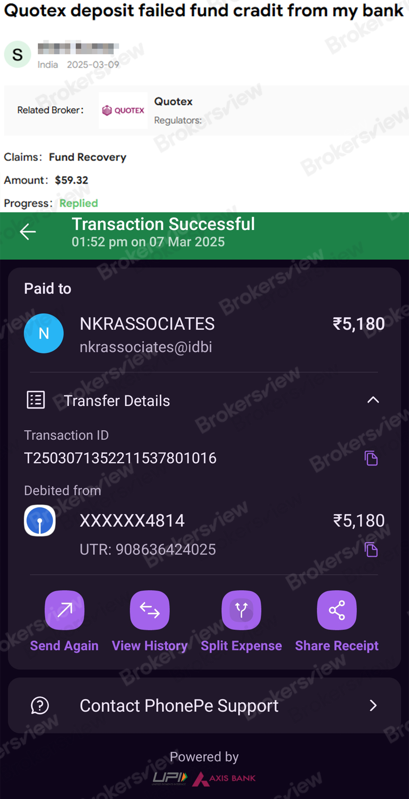 client complaint about missing deposit against Quotex