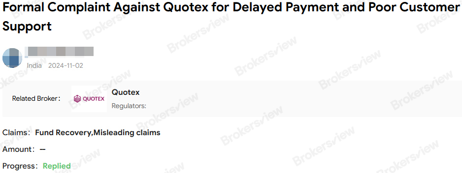 client complaint about delayed payments and poor customer support by Quotex