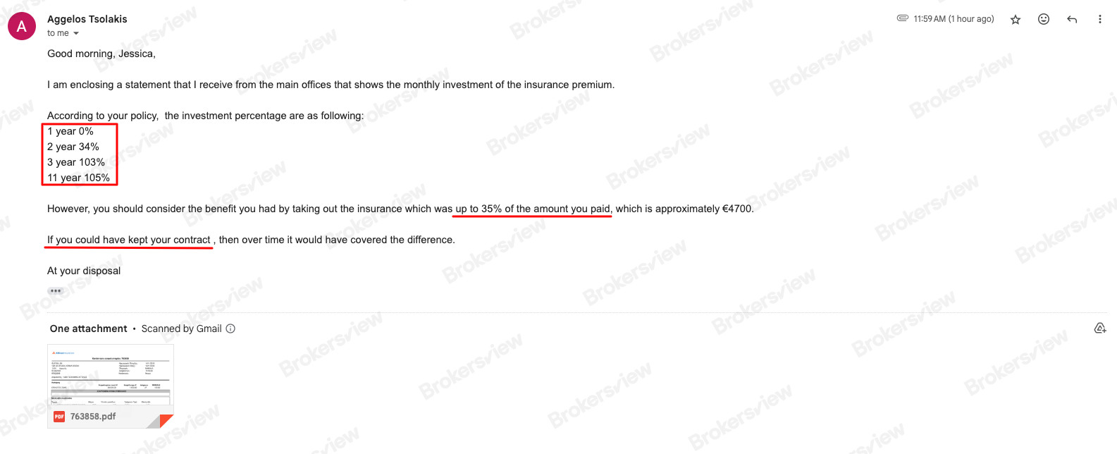 email reply from life insurance account manager