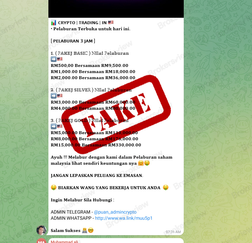 fake trading packages offered by "SYARIAH CRYPTO TRADING NO.1" 