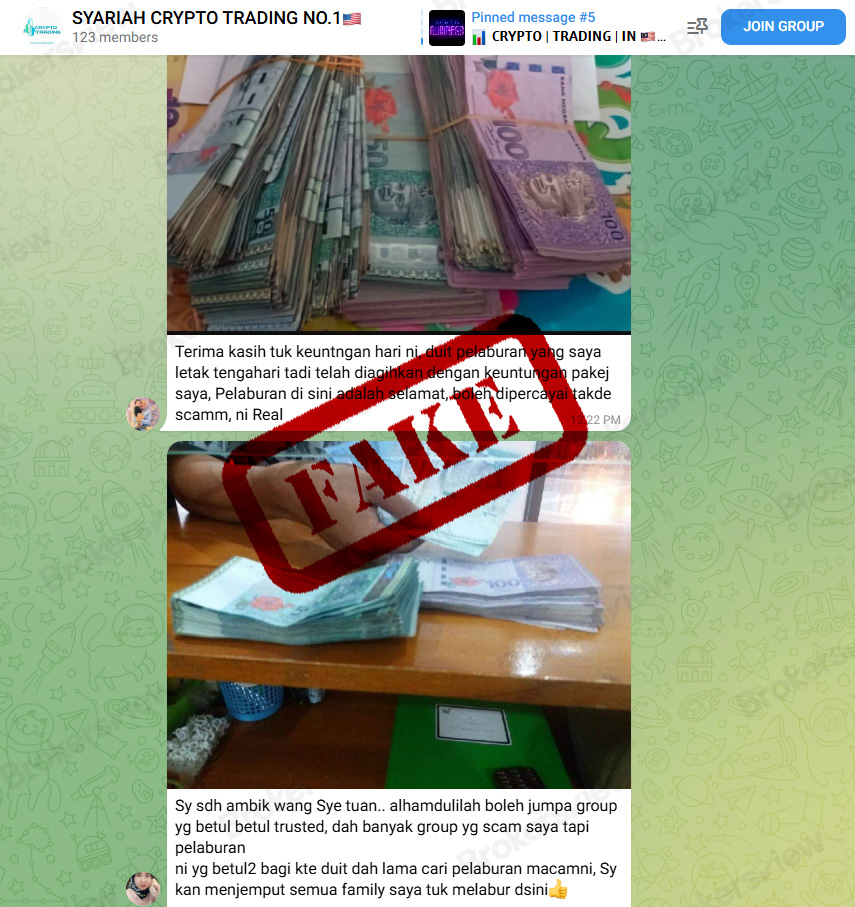 fake testimonials from "SYARIAH CRYPTO TRADING NO.1" scammer accomplice