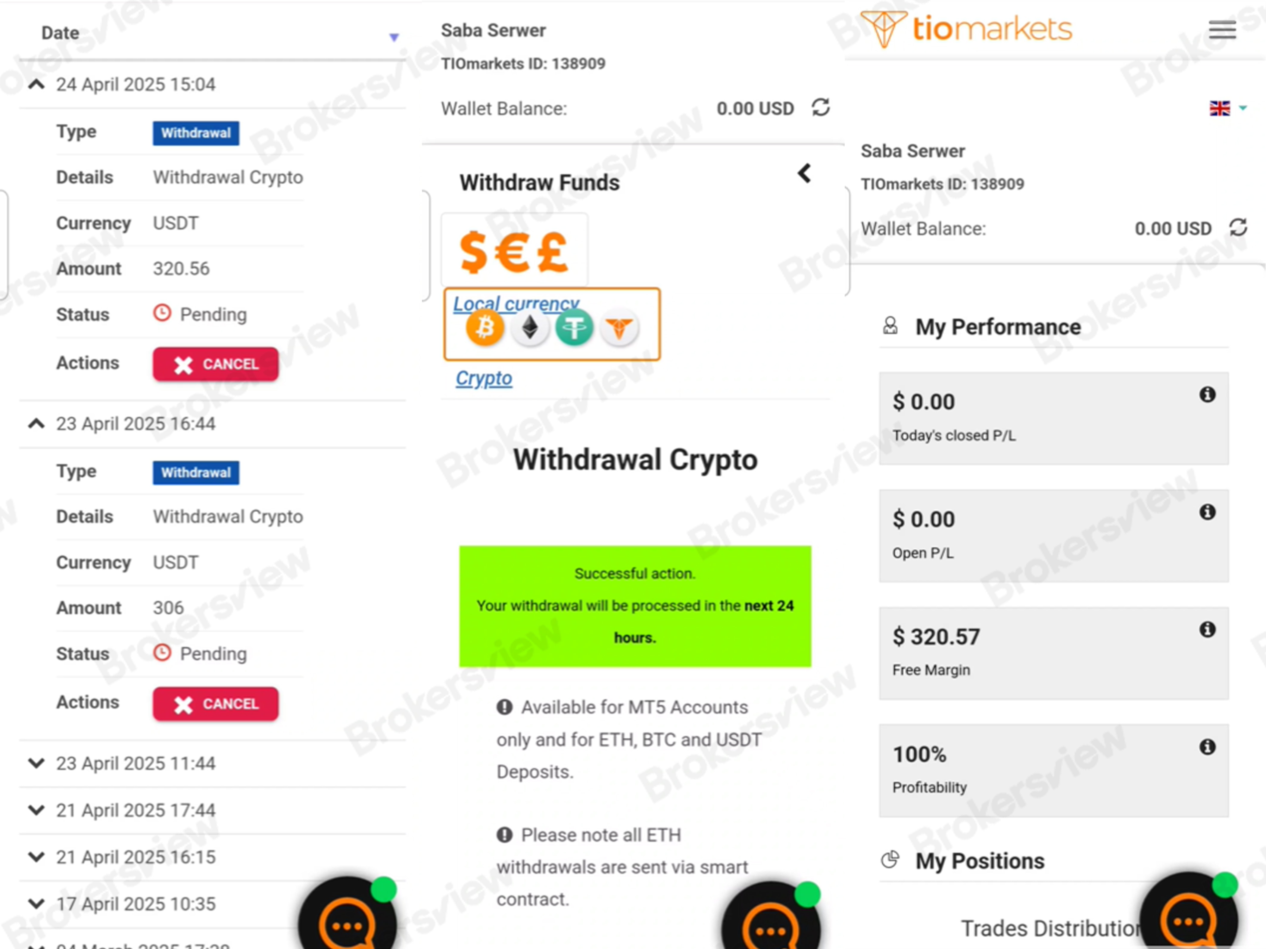 client's withdrawals had been pending on the TIOmarkets platform