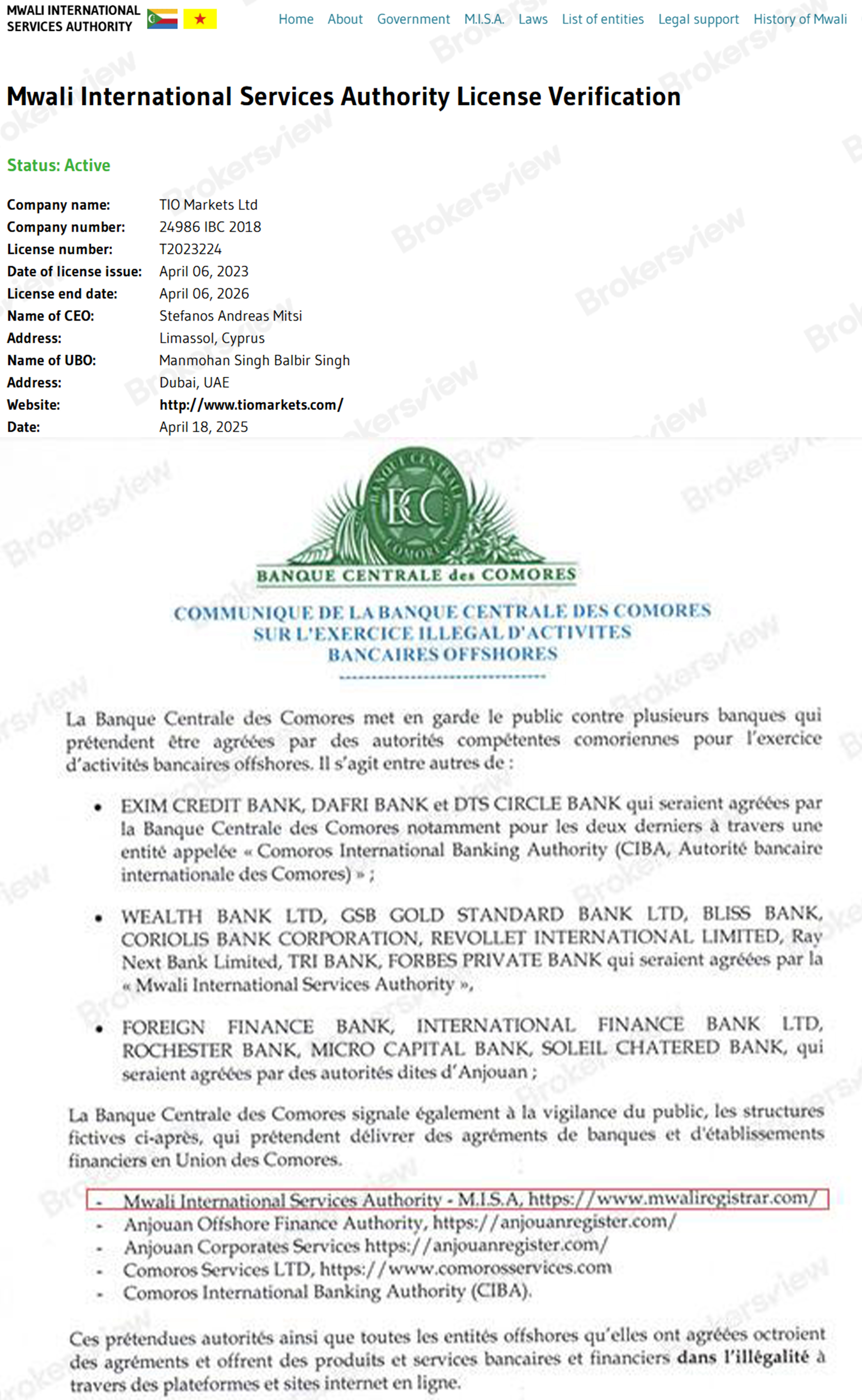 TIOmarkets is authorized by the MISA that is not a recognized regulator