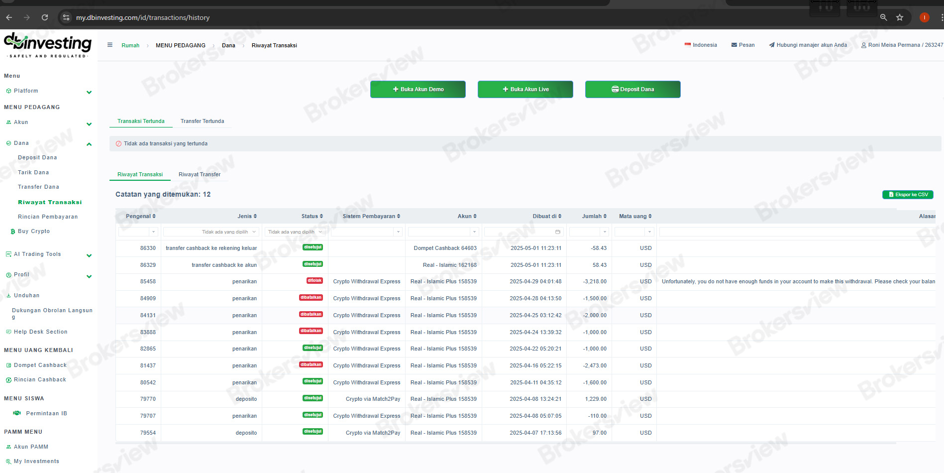 DBinvestingプラットフォーム上のトレーダーの取引履歴には、出金が拒否されたことが示されている