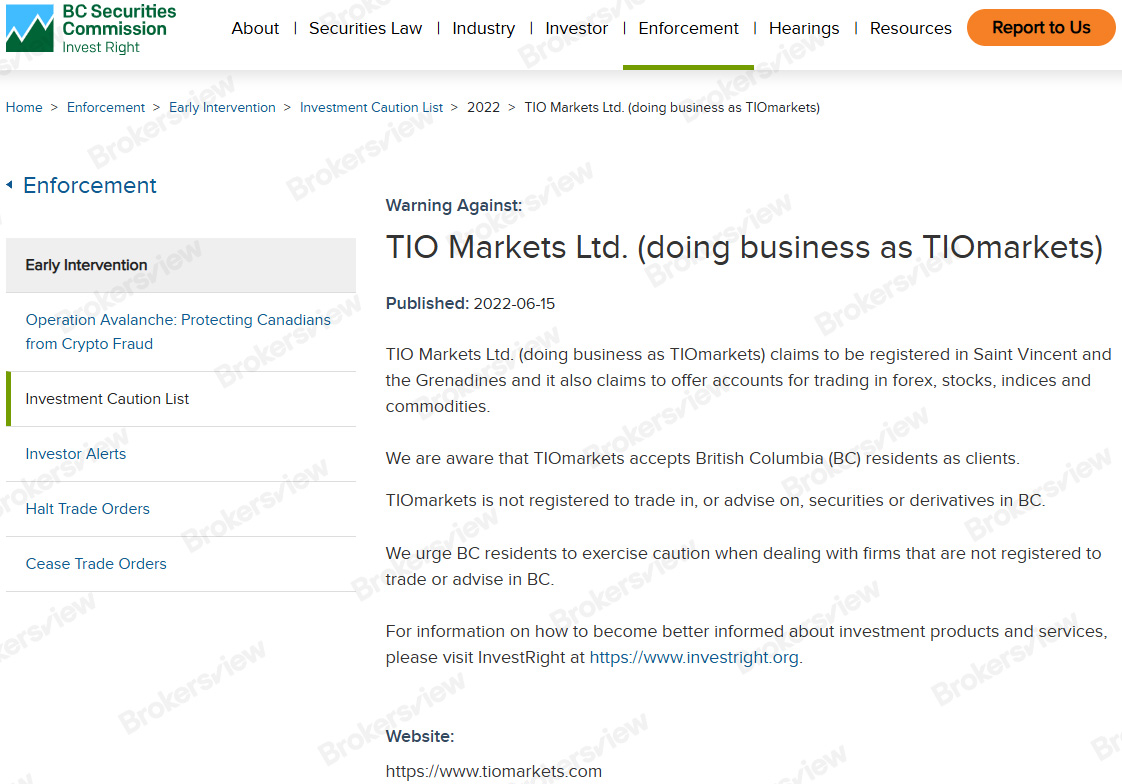 BCSC warned against TIOmarkets in 2022