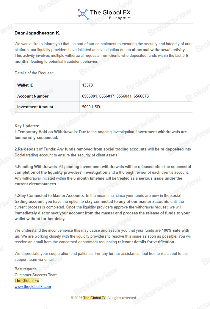 The full notice sent by TheGlobalFx