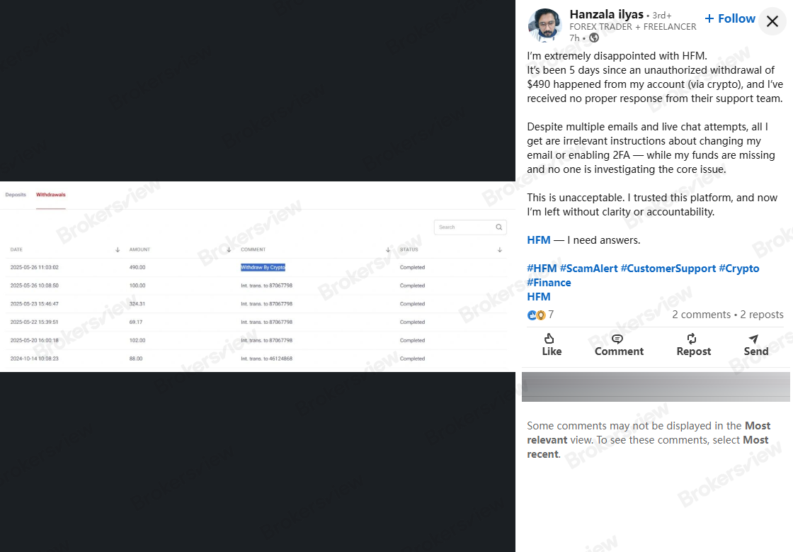 Client's account shows a withdrawal record dated May 26, reflecting a transaction of $490 in cryptocurrency