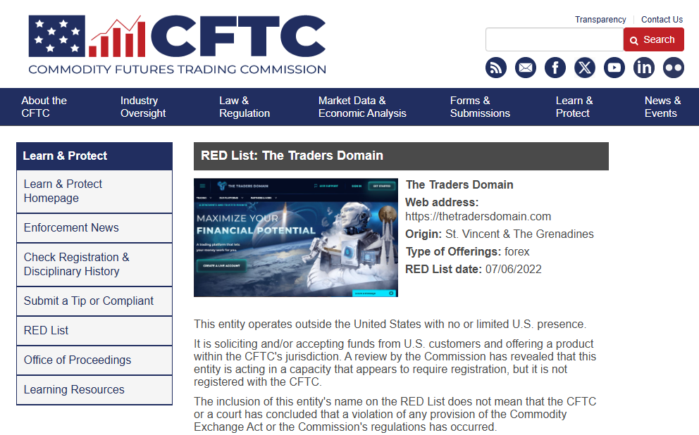 The CFTC warned Traders Domain in 2022