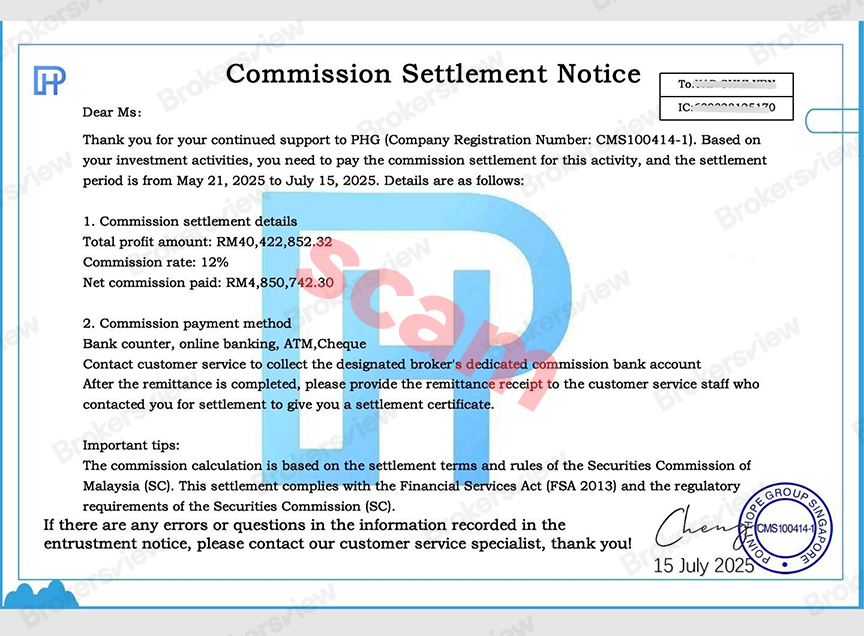 The scammer sent a notice asking for commission