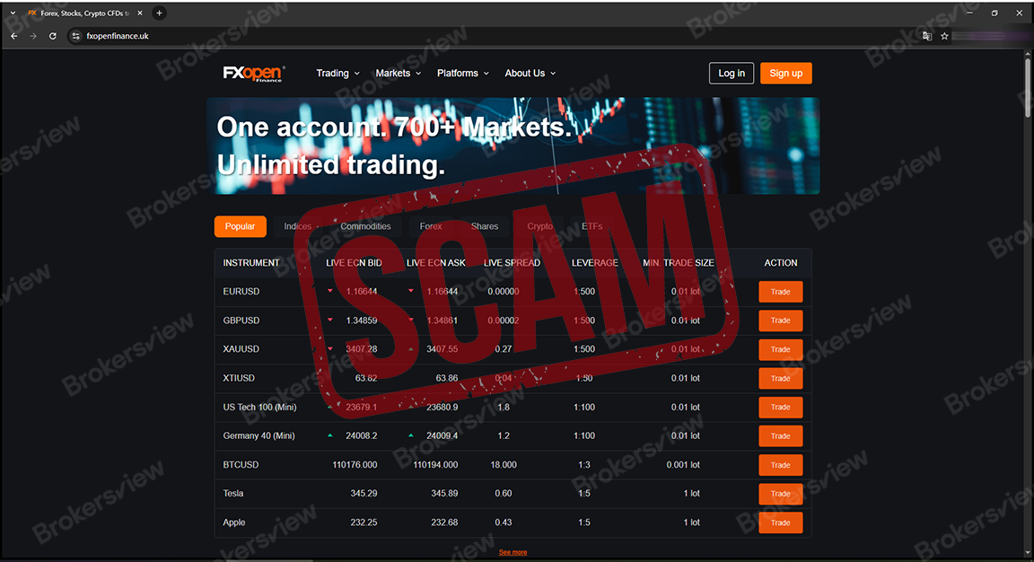 The homepage of clone FXOpen