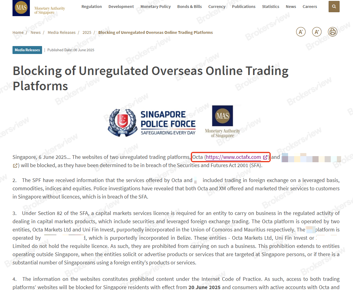 The MAS announces to block OctaFX