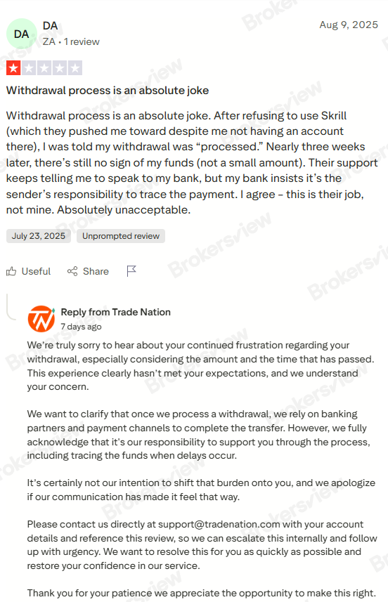 Trader DA mengeluh tentang proses penarikan Trade Nation