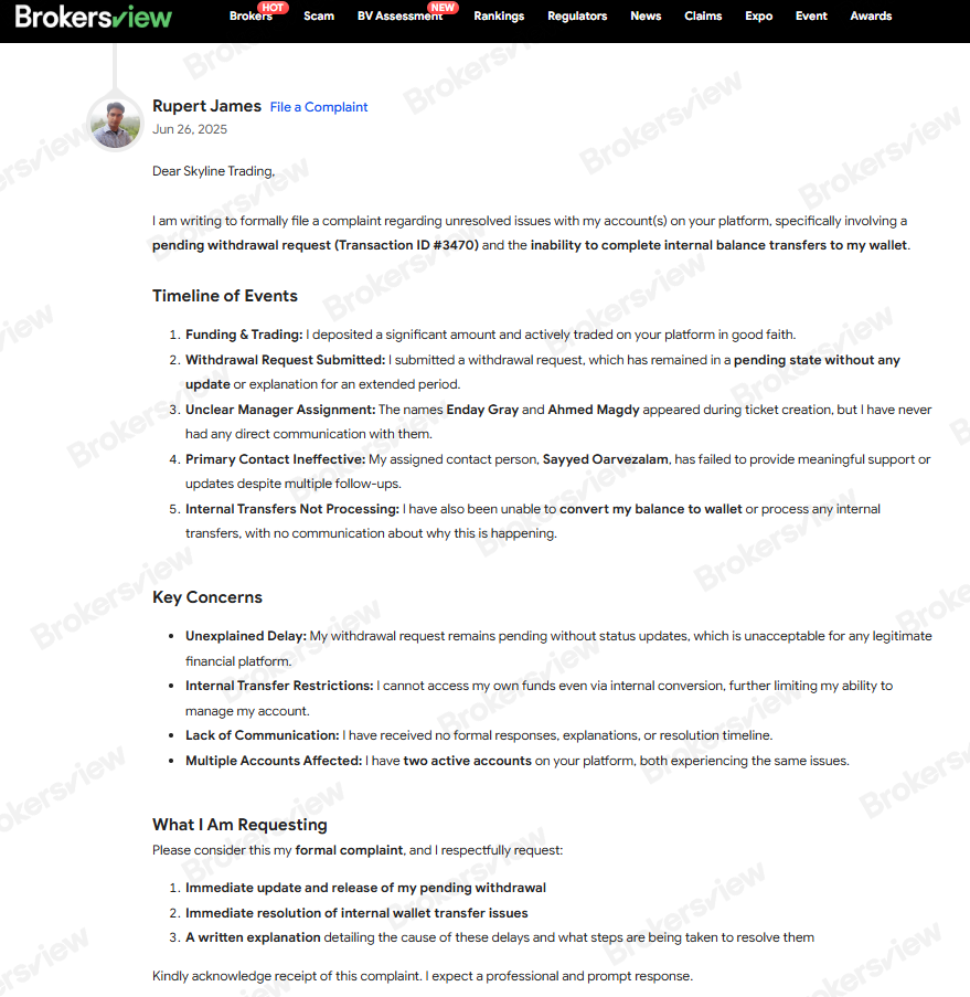 Trader James asks Skyline Trading to process his withdraw