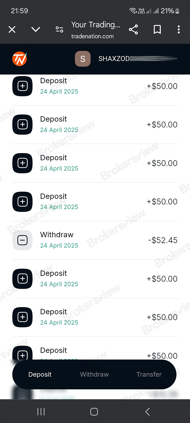 Riwayat transaksi Shaxzod pada tanggal 24 April