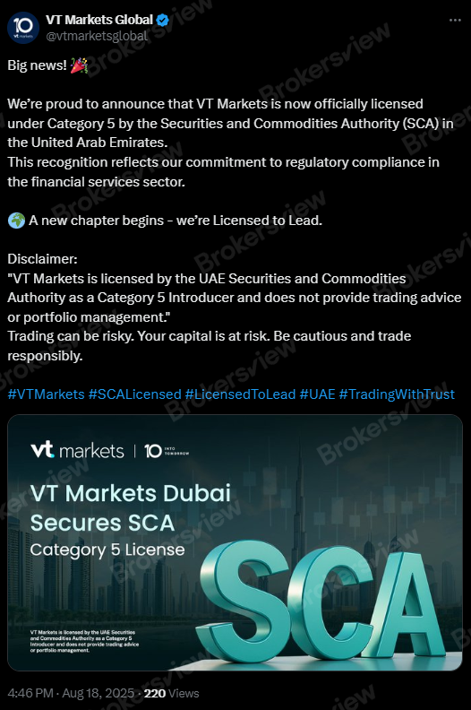 VT Markets has obtained SCA license