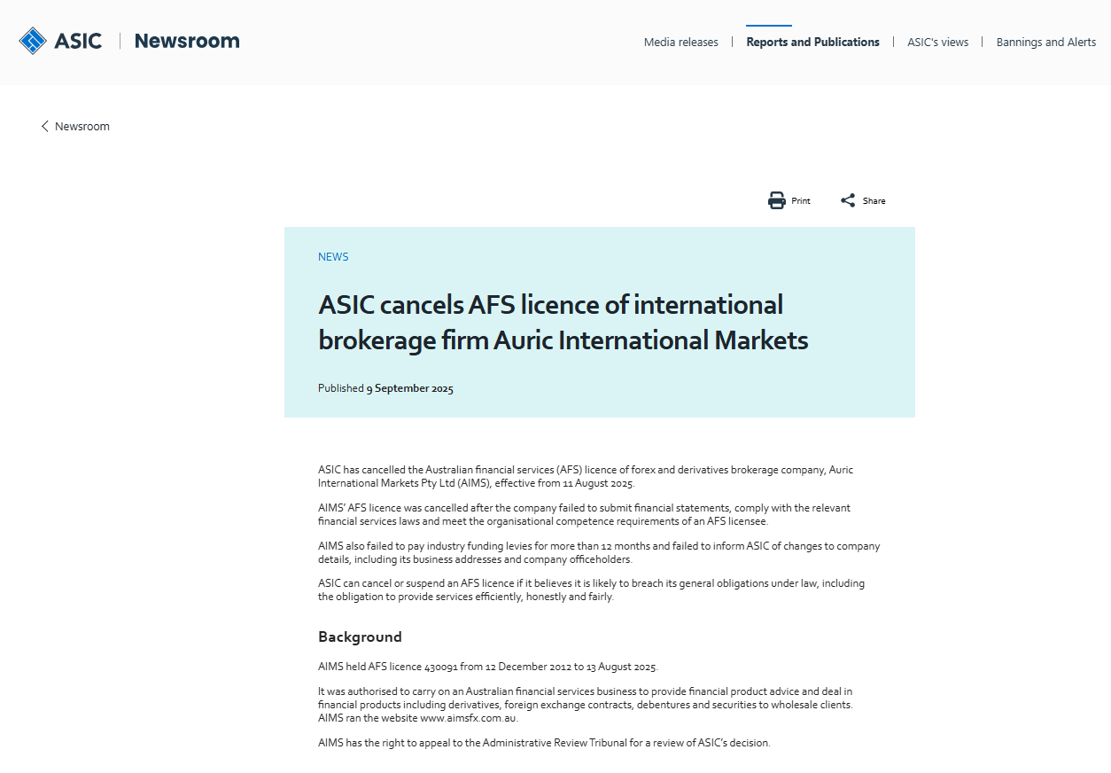 澳大利亚金融监管机构取消AIMS的金融服务牌照- BrokersView