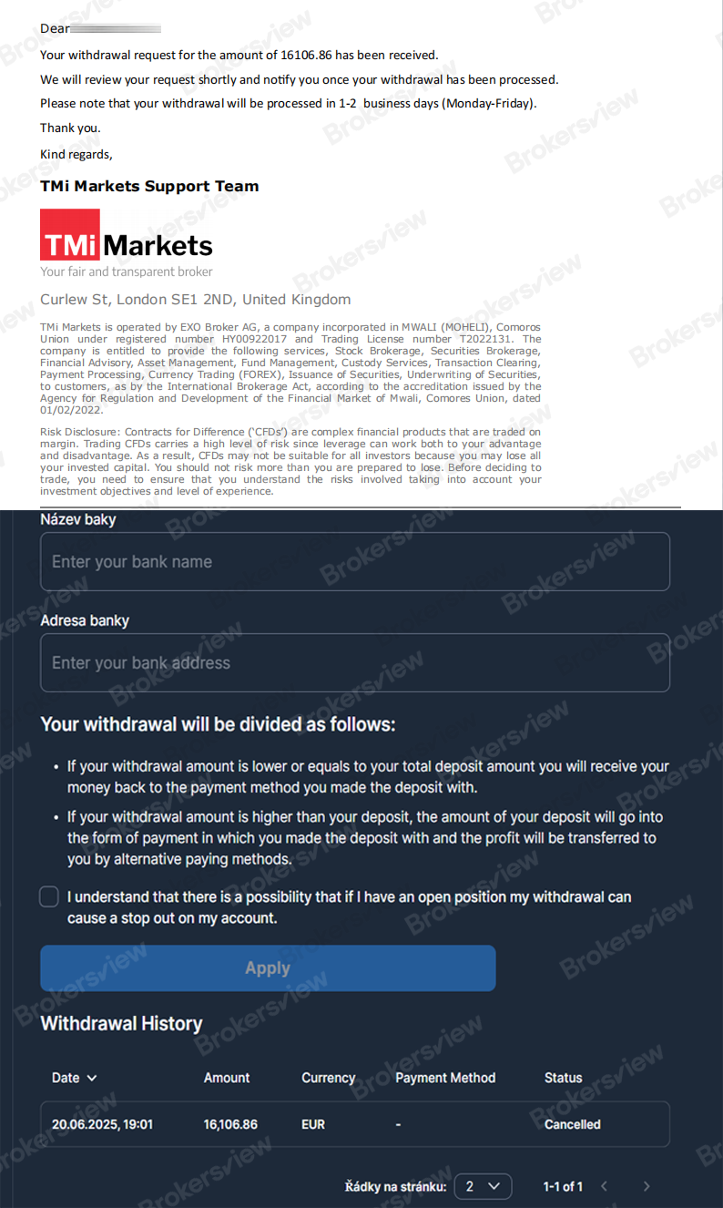 TMi Markets first approved Tomas' withdrawal, then cancelled it