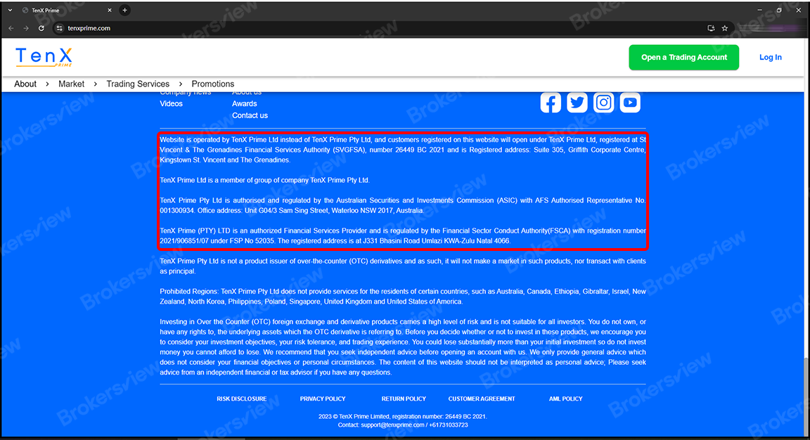 TenX Prime claims to be regulated