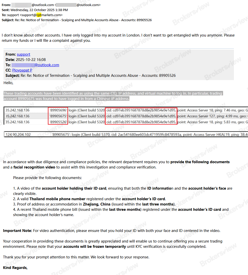 The email sent by CPT Markets