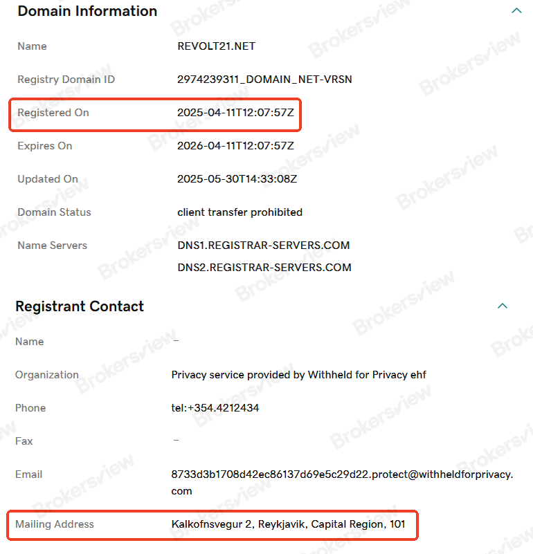 Registration details of Revolt21's website