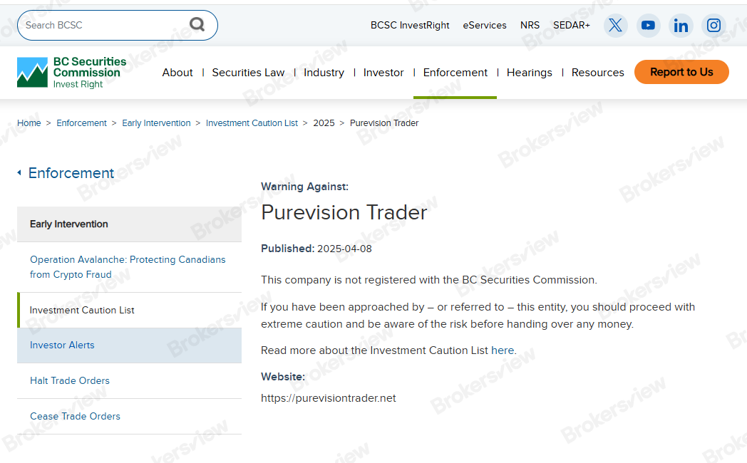 BCSC warns PureVision Trader