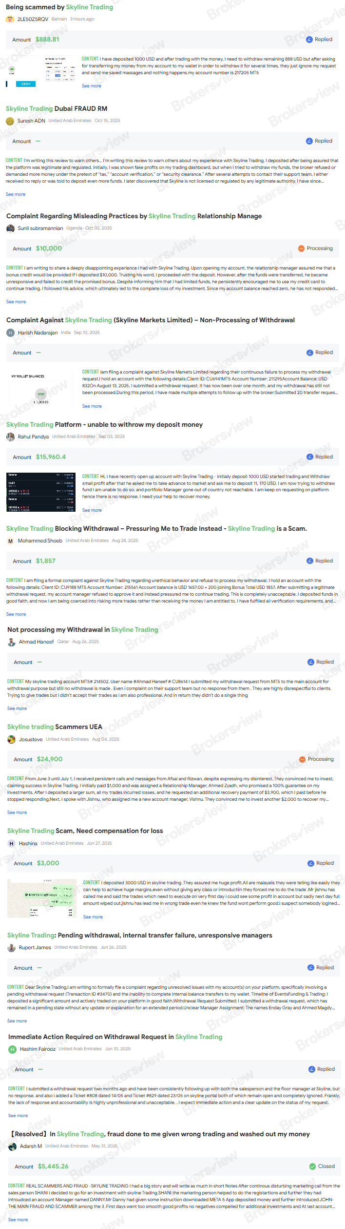 Complaint against Skyline Trading on BrokersView