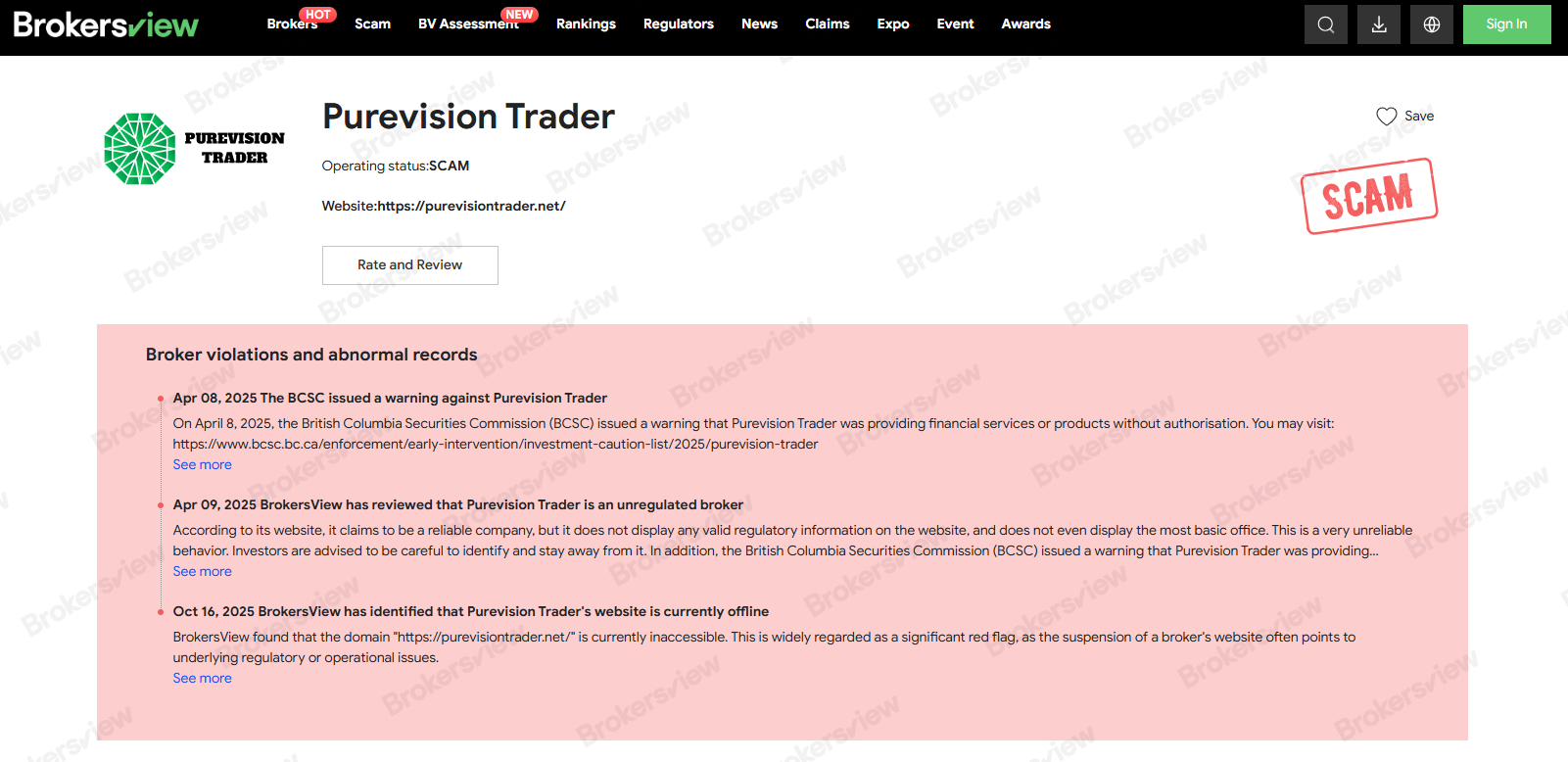 PureVision Trader has been blacklisted by BrokersView