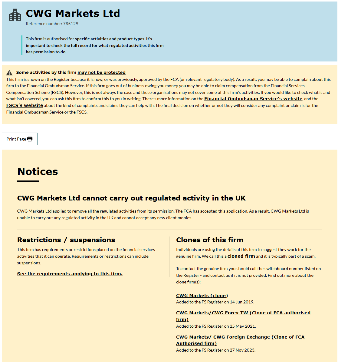 FCA Financial Services Register notice showing CWG Markets Ltd cannot carry out regulated activity in the UK, with restrictions and clone-firm warnings listed