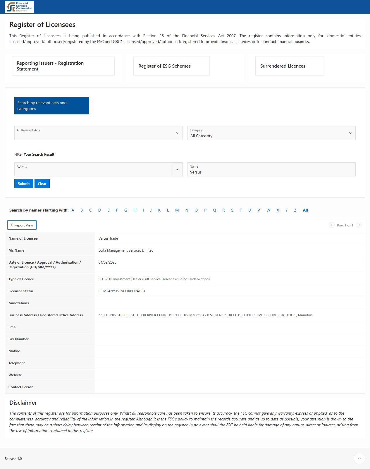 Original FSC register record: the listed activity belongs to the named Mauritian entity; individual account allocation must be established separately.