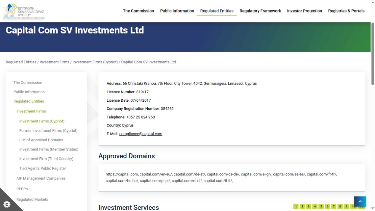 Original CySEC register: Capital Com SV Investments Ltd, licence 319/17, and approved domains. This record does not establish which entity holds an individual international account.